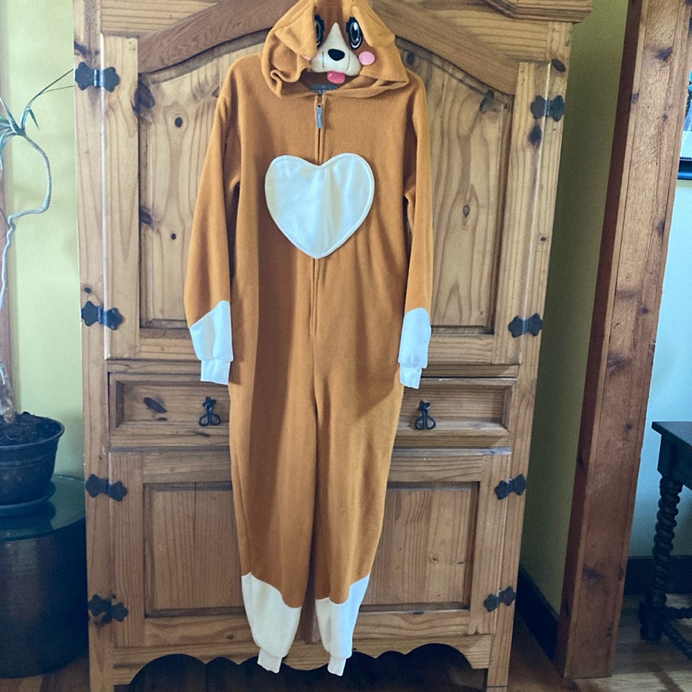 Women Funziez brown white dog one piece hooded costume pajamas size S